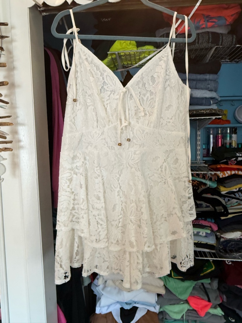 Simpler White Lace Tiered Romper with Tie Straps